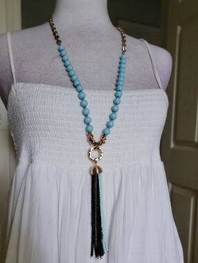 Cara NY Turquoise Color Beaded Tassel Necklace - Gold Accent
